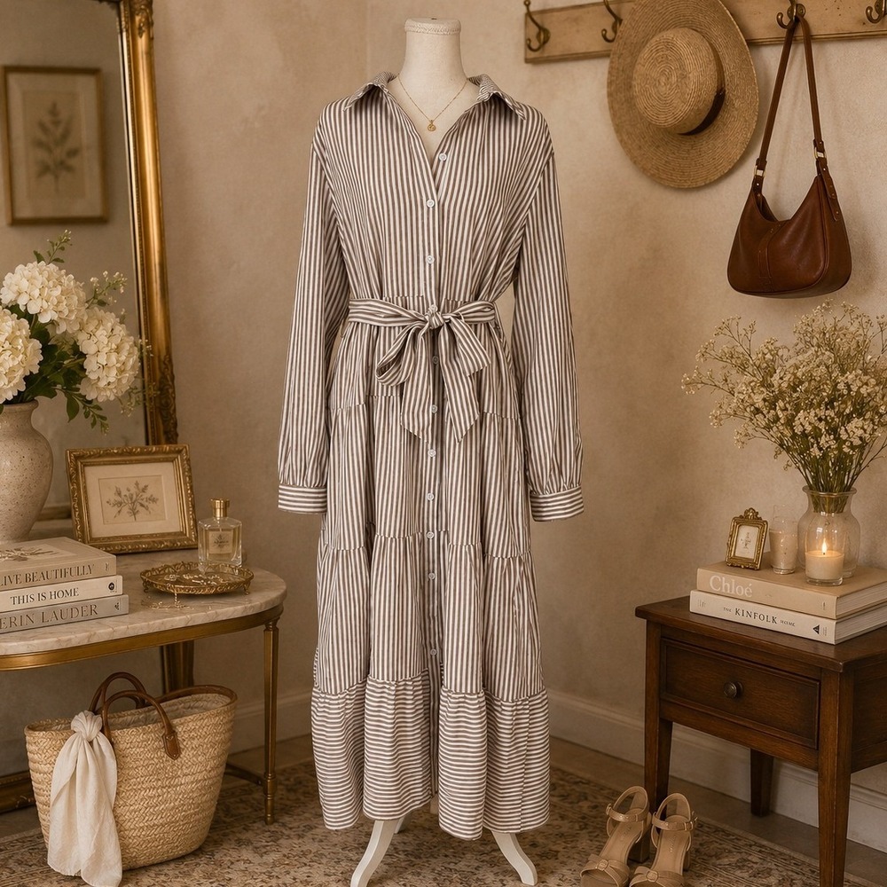 NWT Caracilia Striped Tiered Maxi Shirt Dress L Rayon Cottagecore Boho Neutral